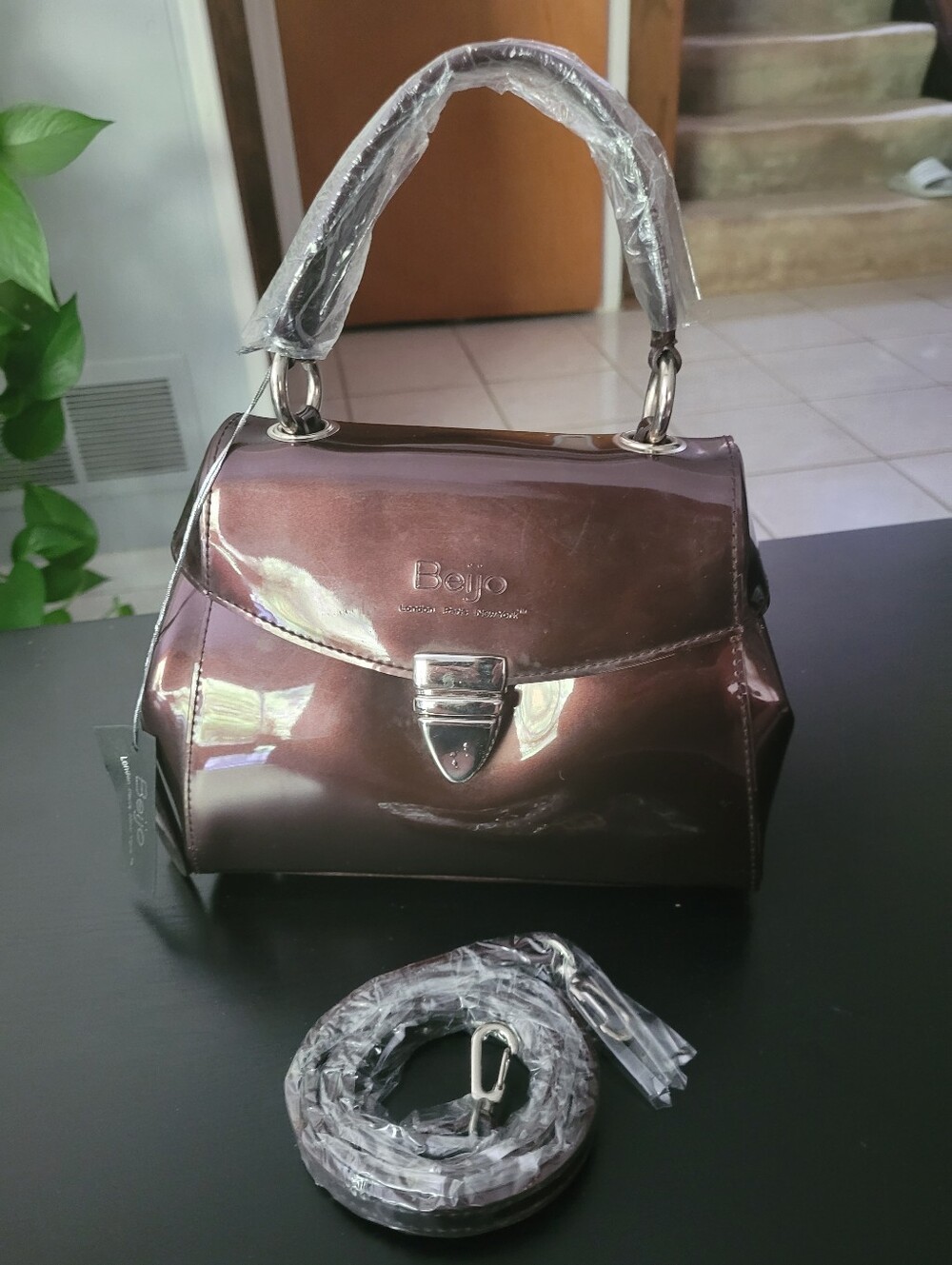 Beijo Metallic Brown Patent Satchel with Detachable Strap
